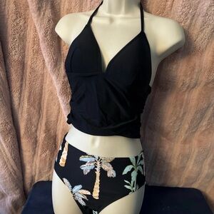Cupshe Black Halter Bikini with Palm Print Bottoms